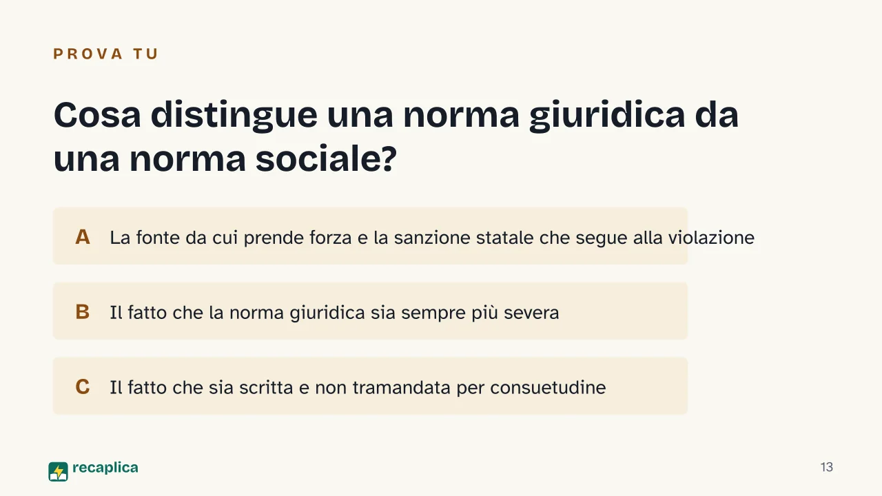 Slide 13 della presentazione su Norma giuridica: Cosa distingue una norma giuridica da una norma sociale?