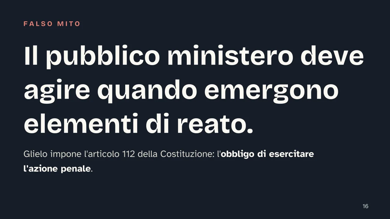 Slide 16 della presentazione su Ordinamento giudiziario in Italia: Il pubblico ministero deve agire quando emergono elementi di reato.