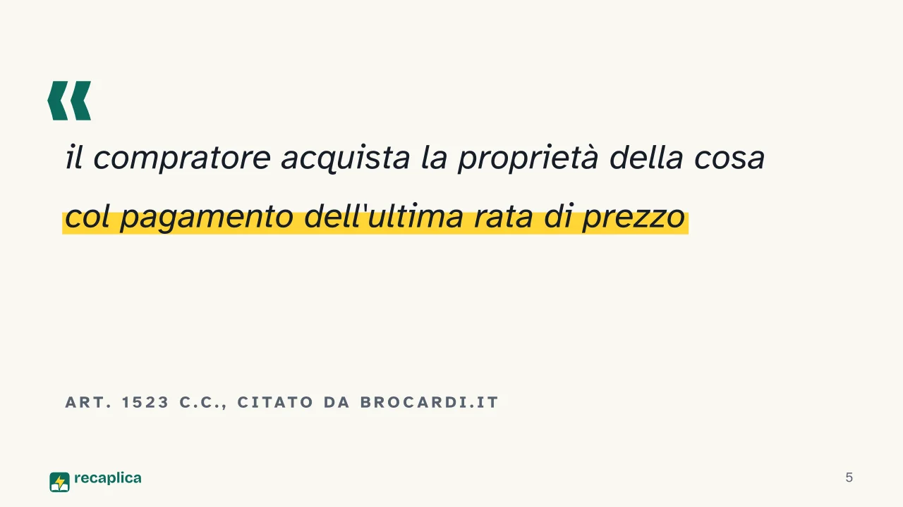 Slide 5 della presentazione su Patto di riservato dominio: Art. 1523 c.c., citato da Brocardi.it