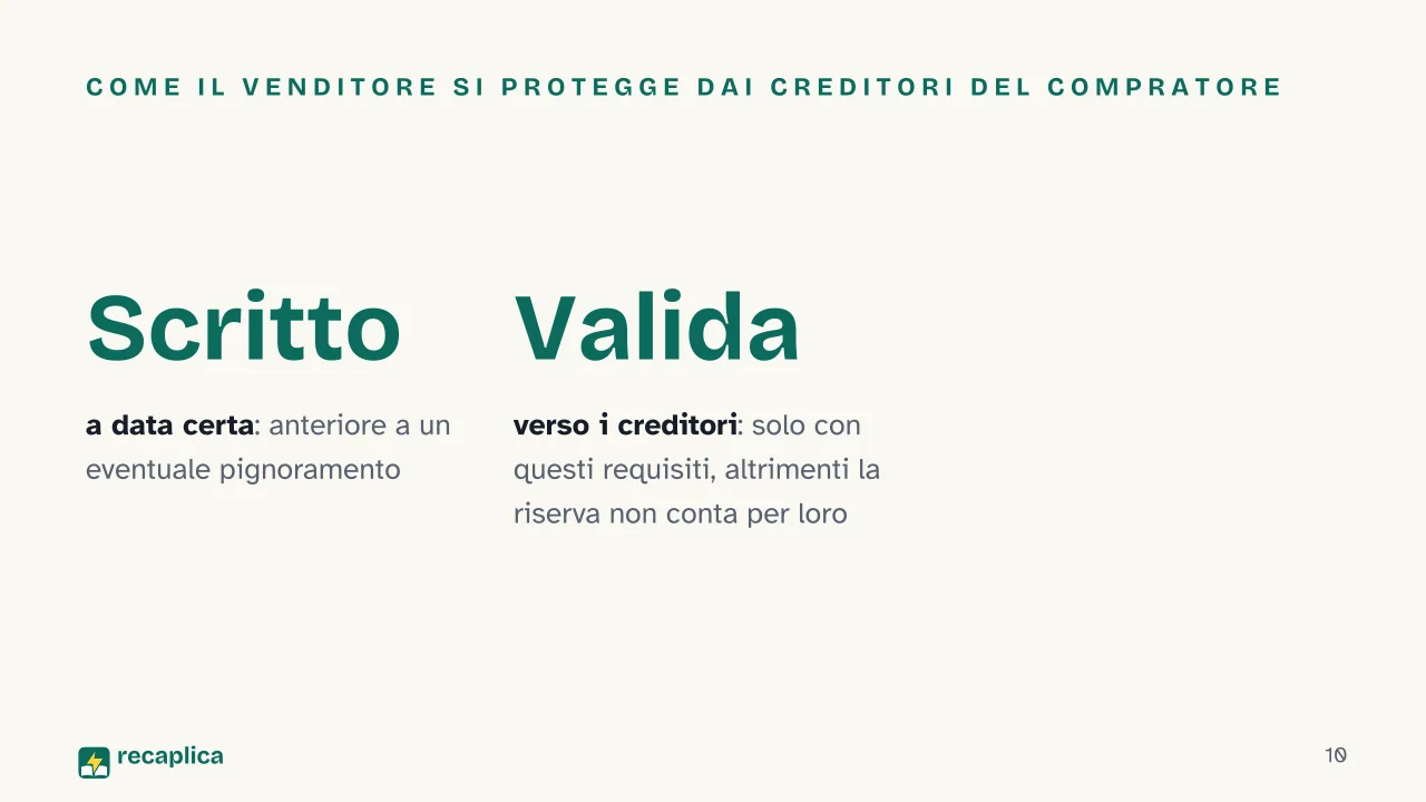 Slide 10 della presentazione su Patto di riservato dominio: Come il venditore si protegge dai creditori del compratore