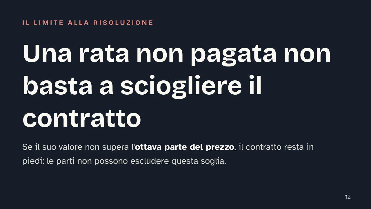 Slide 12 della presentazione su Patto di riservato dominio: Una rata non pagata non basta a sciogliere il contratto