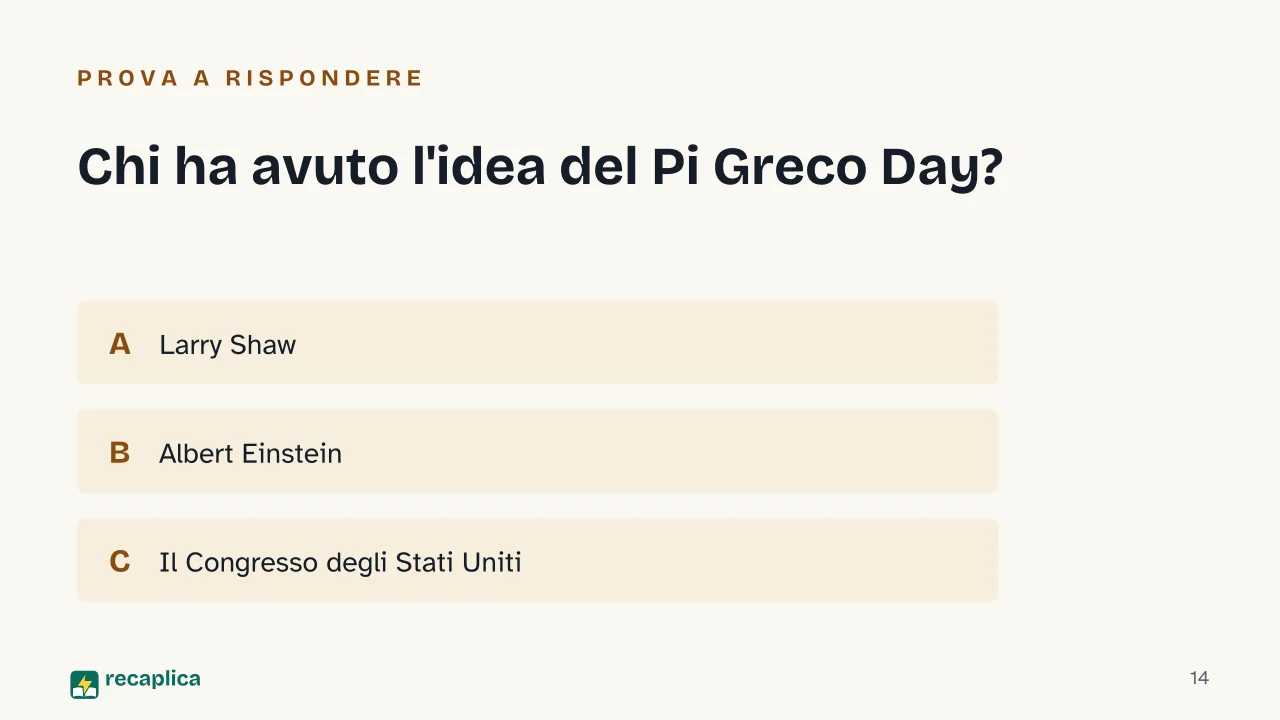 Slide 14 della presentazione su Pi Greco Day, cos'è e perché si festeggia il 14 marzo: Chi ha avuto l'idea del Pi Greco Day?