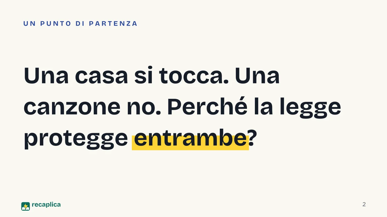 Slide 2 della presentazione su Proprietà intellettuale: Una casa si tocca. Una canzone no. Perché la legge protegge entrambe?