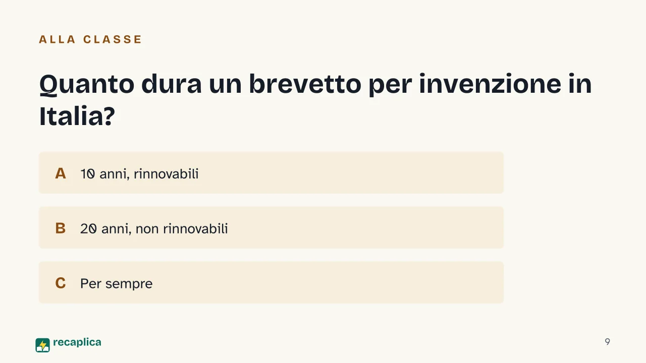 Slide 9 della presentazione su Proprietà intellettuale: Quanto dura un brevetto per invenzione in Italia?
