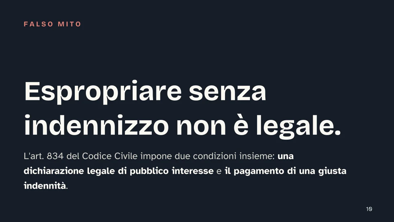 Slide 10 della presentazione su Proprietà privata: Espropriare senza indennizzo non è legale.