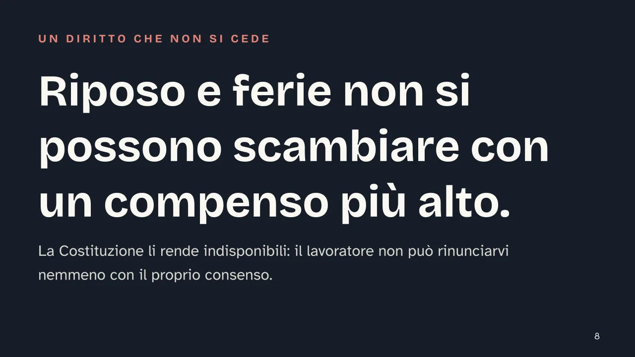 Slide 8 della presentazione su Contratto di lavoro e rapporto di lavoro nella Costituzione italiana: Riposo e ferie non si possono scambiare con un compenso più alto.