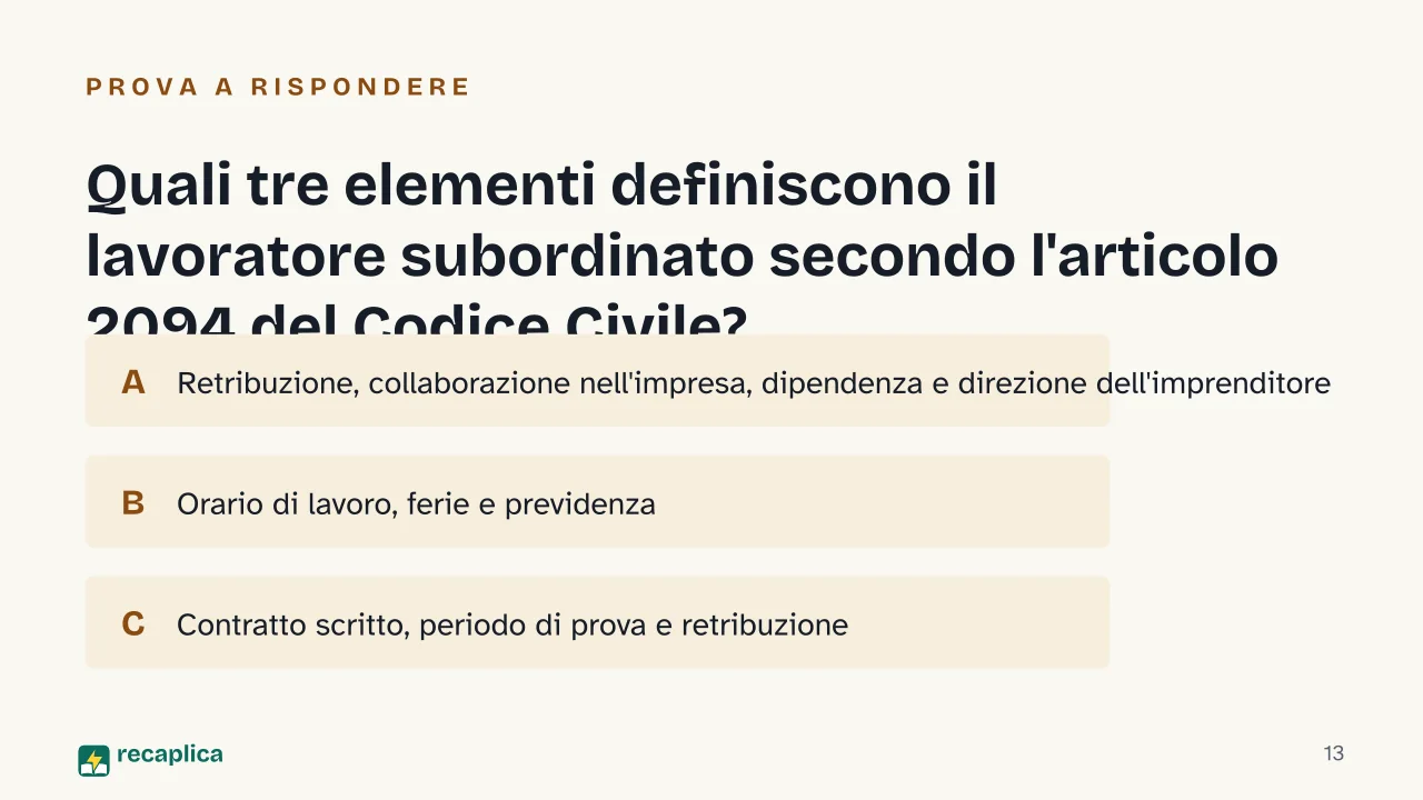 Slide 13 della presentazione su Contratto di lavoro e rapporto di lavoro nella Costituzione italiana: Quali tre elementi definiscono il lavoratore subordinato secondo l'articolo 2094 del Codice Civile?