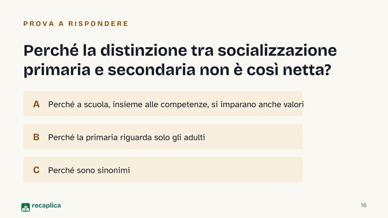 Slide 16 della presentazione su Socializzazione: Perché la distinzione tra socializzazione primaria e secondaria non è così netta?