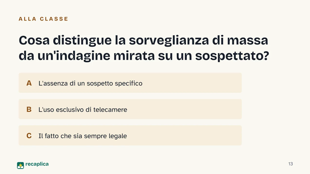 Slide 13 della presentazione su Sorveglianza di massa: Cosa distingue la sorveglianza di massa da un'indagine mirata su un sospettato?