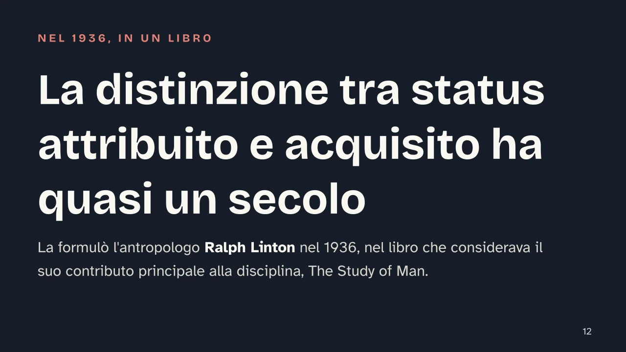 Slide 12 della presentazione su Status sociale: La distinzione tra status attribuito e acquisito ha quasi un secolo