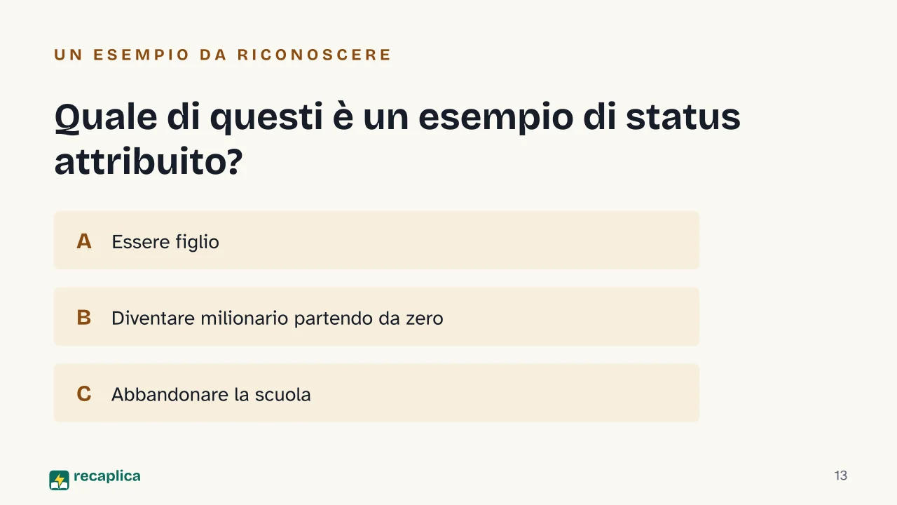 Slide 13 della presentazione su Status sociale: Quale di questi è un esempio di status attribuito?