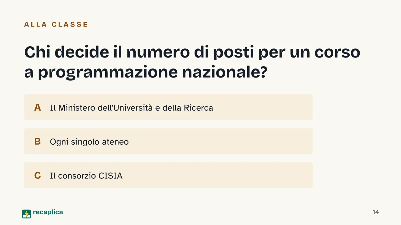 Slide 14 della presentazione su Test ingresso università: Chi decide il numero di posti per un corso a programmazione nazionale?