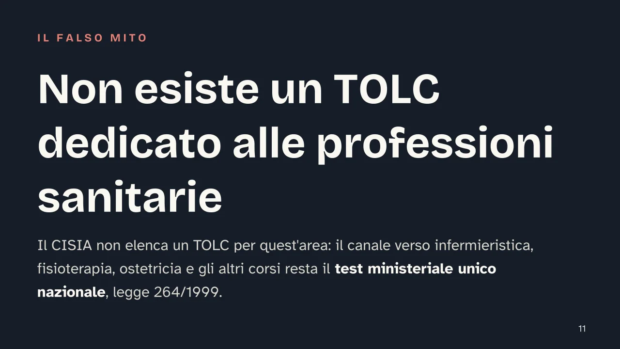 Slide 11 della presentazione su Test Professioni Sanitarie: Non esiste un TOLC dedicato alle professioni sanitarie