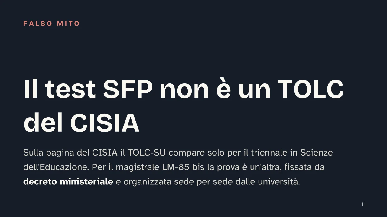 Slide 11 della presentazione su Test scienze della formazione primaria: Il test SFP non è un TOLC del CISIA