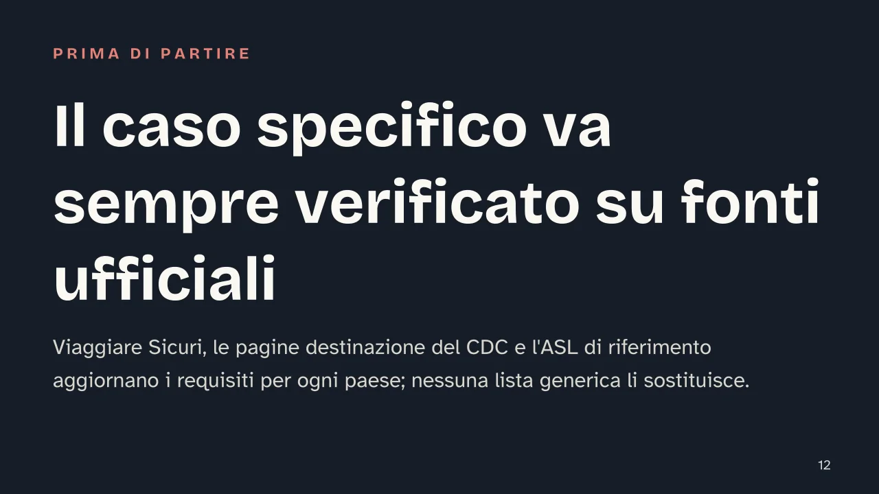 Slide 12 della presentazione su Vaccinazioni internazionali: Il caso specifico va sempre verificato su fonti ufficiali