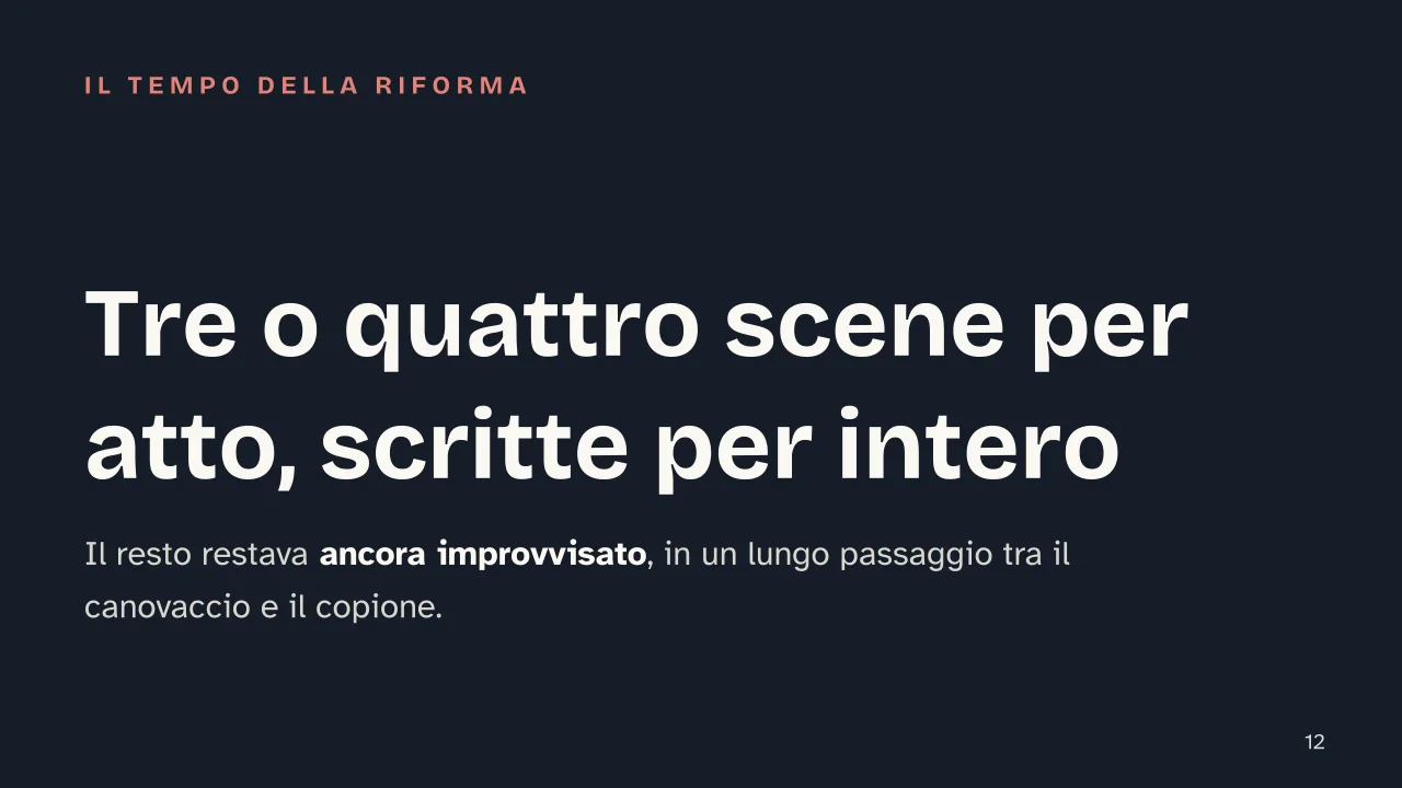 Slide 12 della presentazione su Carlo Goldoni e la riforma della commedia: Tre o quattro scene per atto, scritte per intero