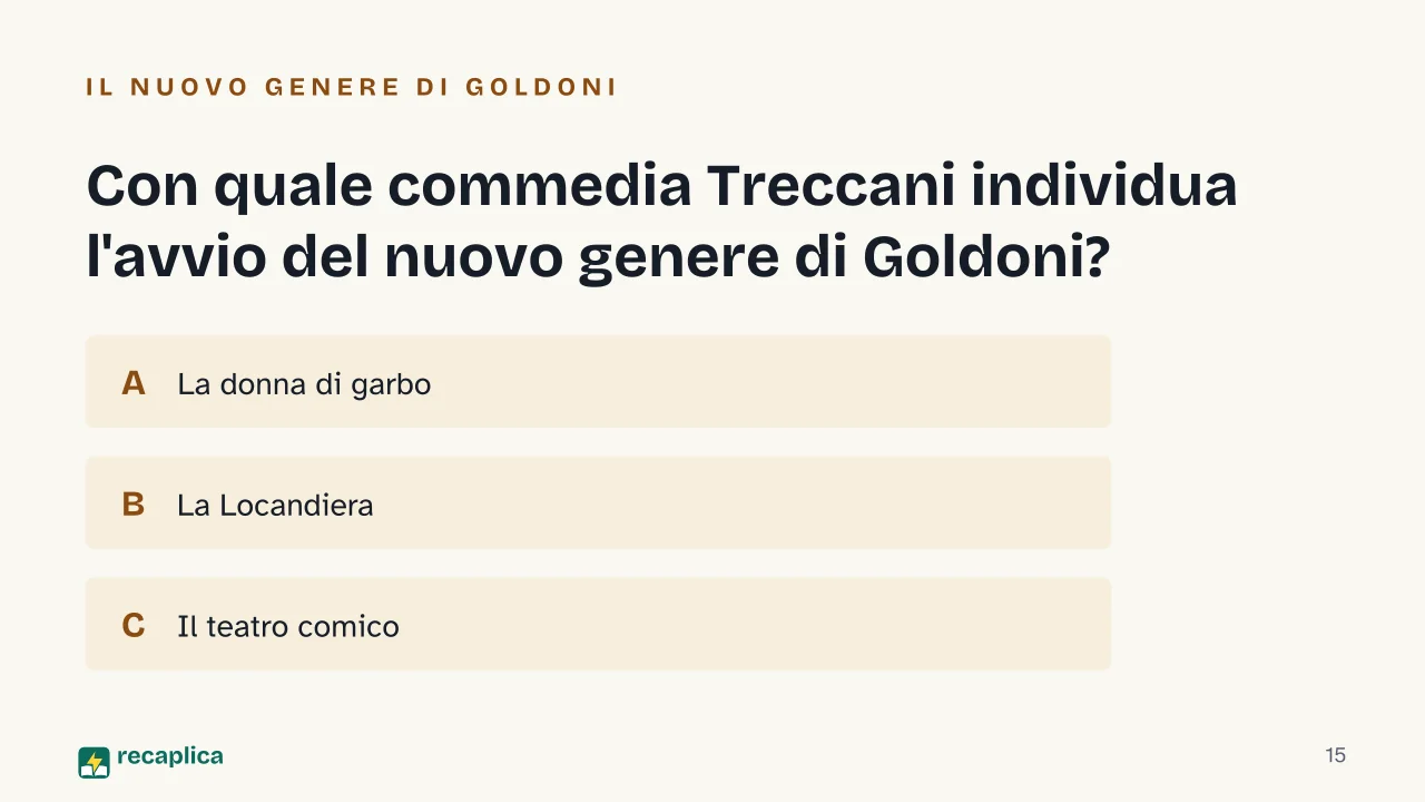 Slide 15 della presentazione su Carlo Goldoni e la riforma della commedia: Con quale commedia Treccani individua l'avvio del nuovo genere di Goldoni?