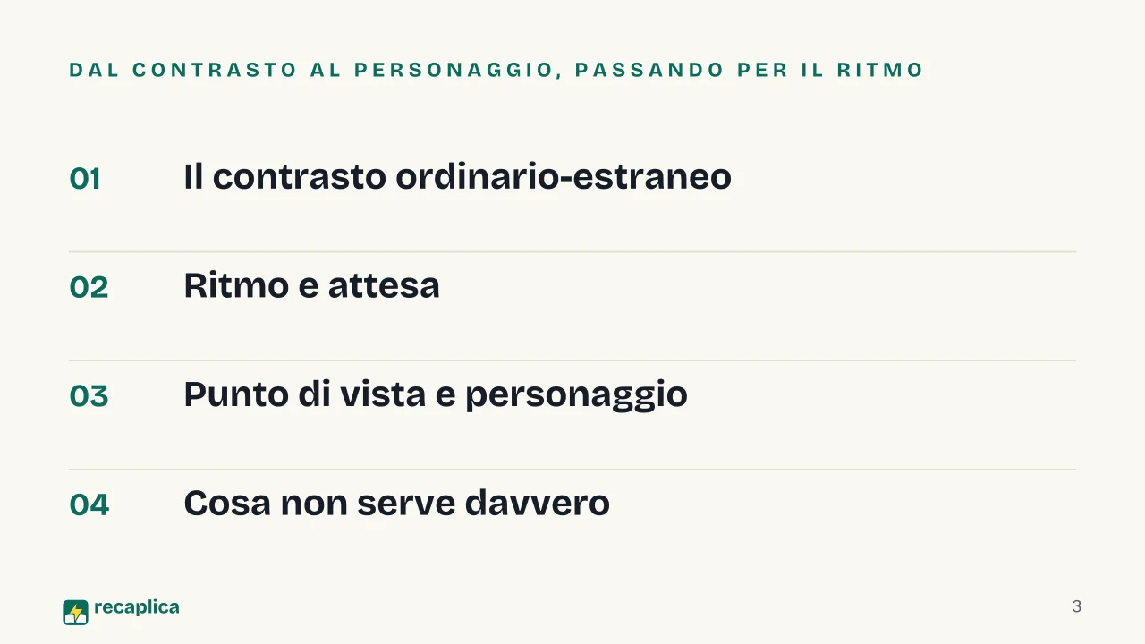 Slide 3 della presentazione su Come scrivere un racconto horror, le tecniche che costruiscono la paura: Dal contrasto al personaggio, passando per il ritmo