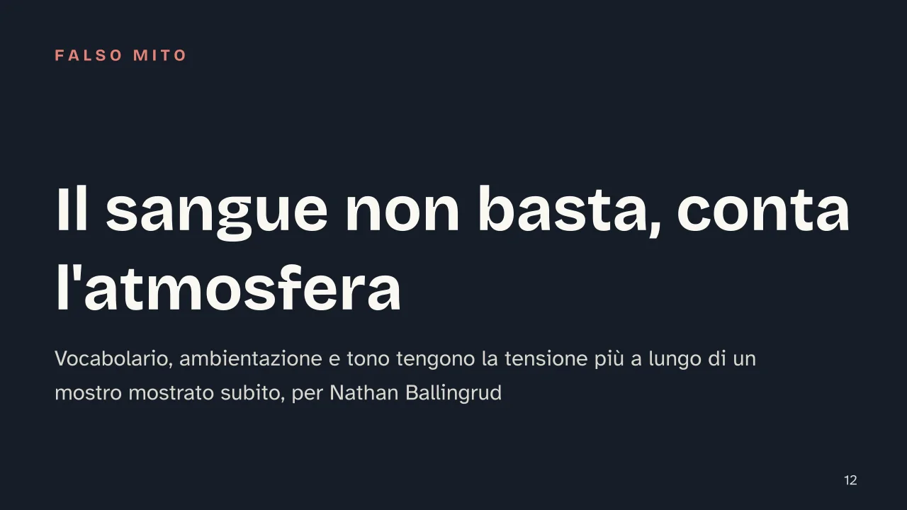 Slide 12 della presentazione su Come scrivere un racconto horror, le tecniche che costruiscono la paura: Il sangue non basta, conta l'atmosfera