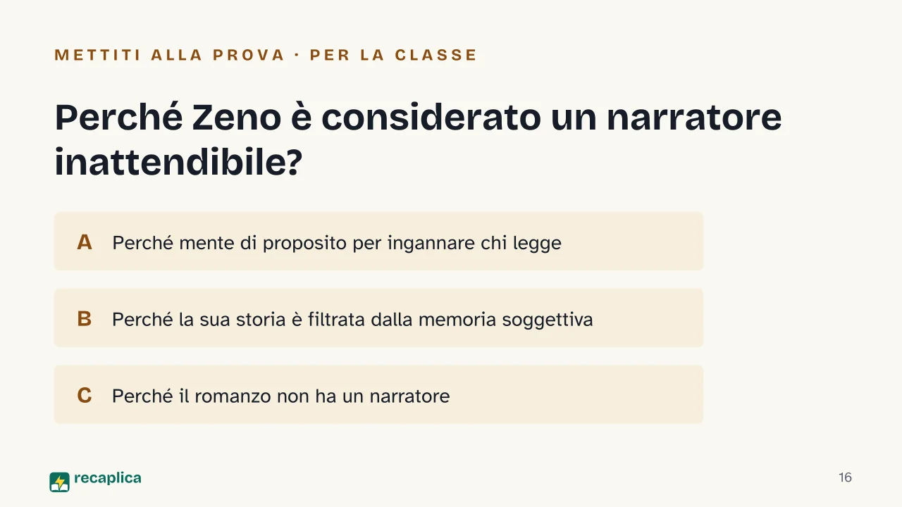 Slide 16 della presentazione su La coscienza di Zeno: Perché Zeno è considerato un narratore inattendibile?