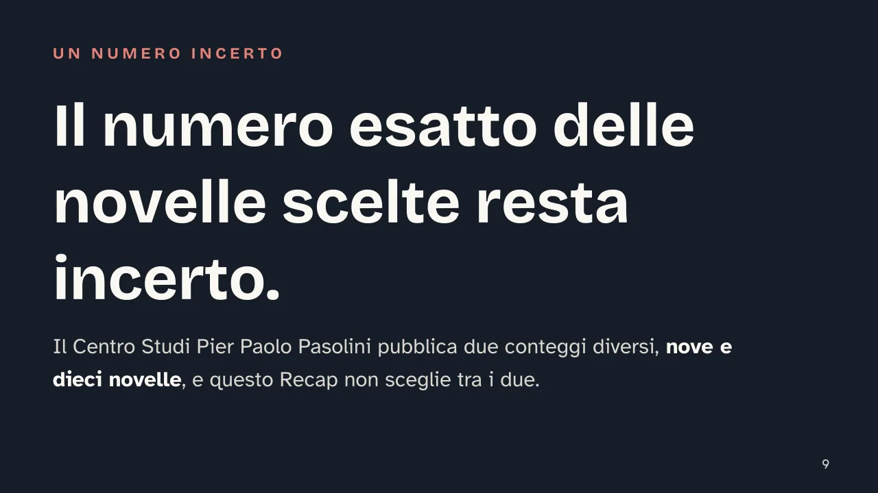 Slide 9 della presentazione su Il Decameron di Pasolini: Il numero esatto delle novelle scelte resta incerto.