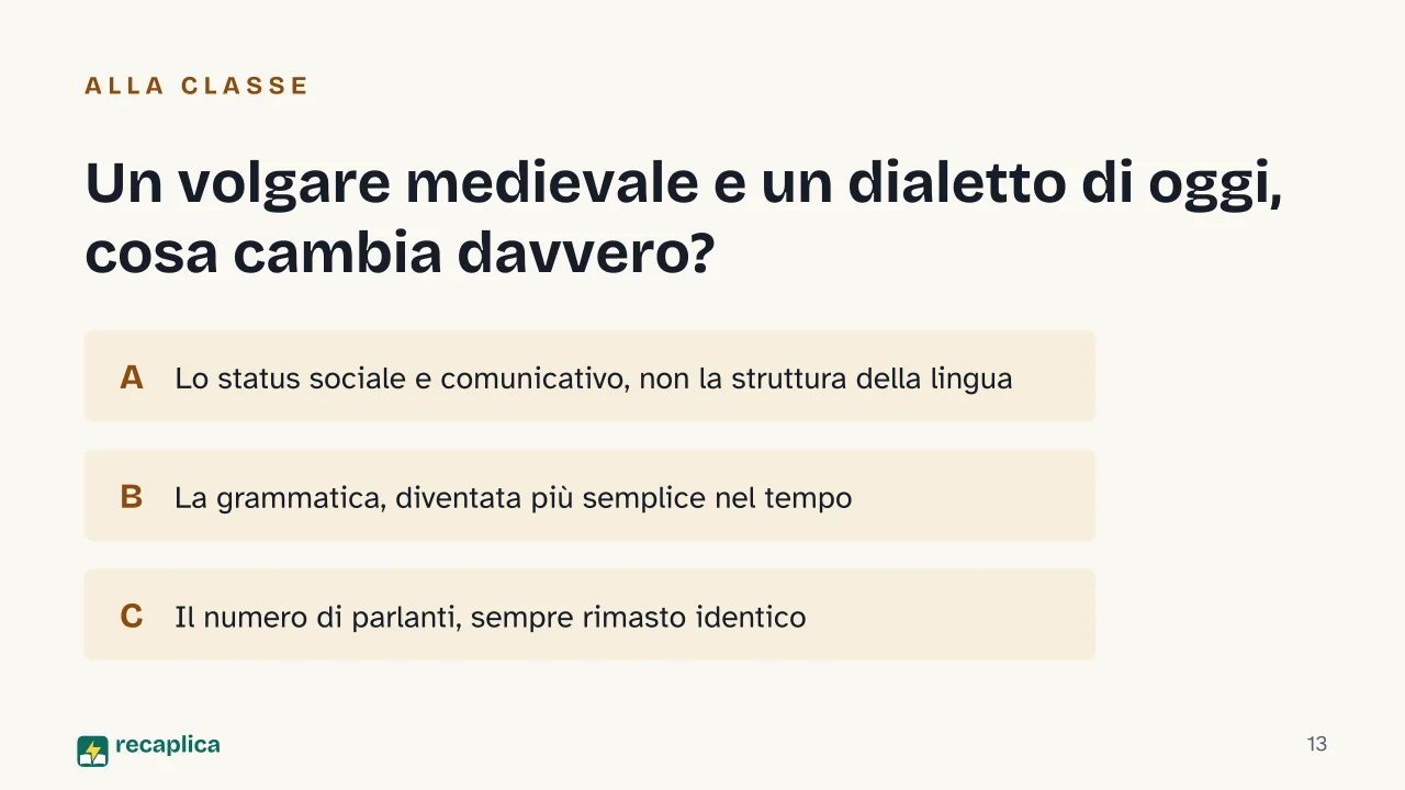 Slide 13 della presentazione su Dialetti italiani: Un volgare medievale e un dialetto di oggi, cosa cambia davvero?
