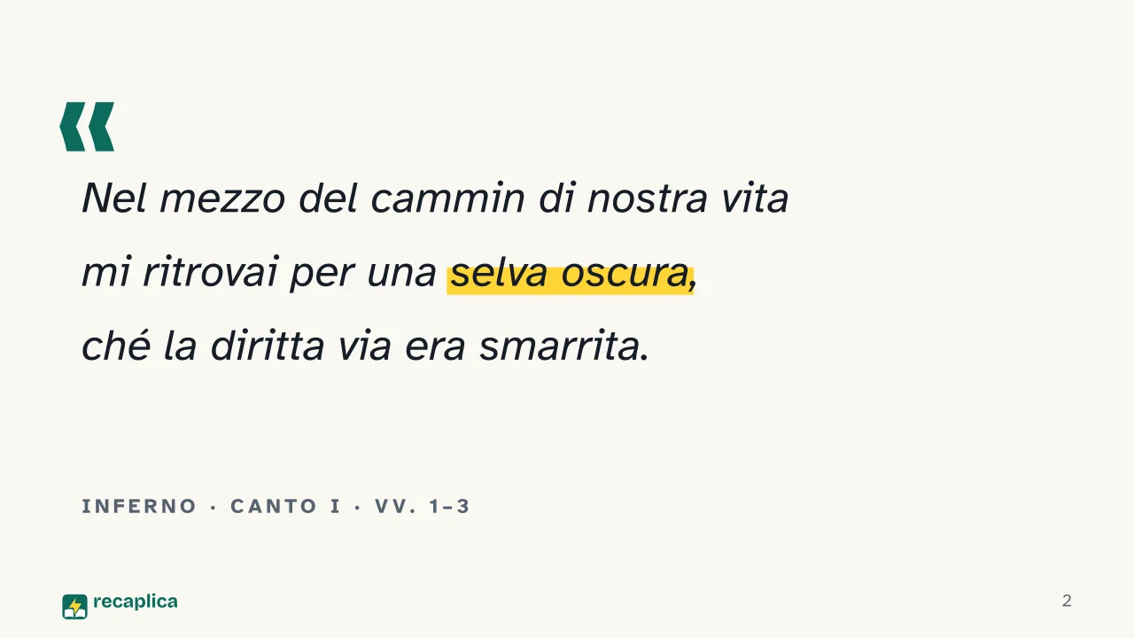 Slide 2 della presentazione su Dante e la Divina Commedia: Inferno · Canto I · vv. 1–3