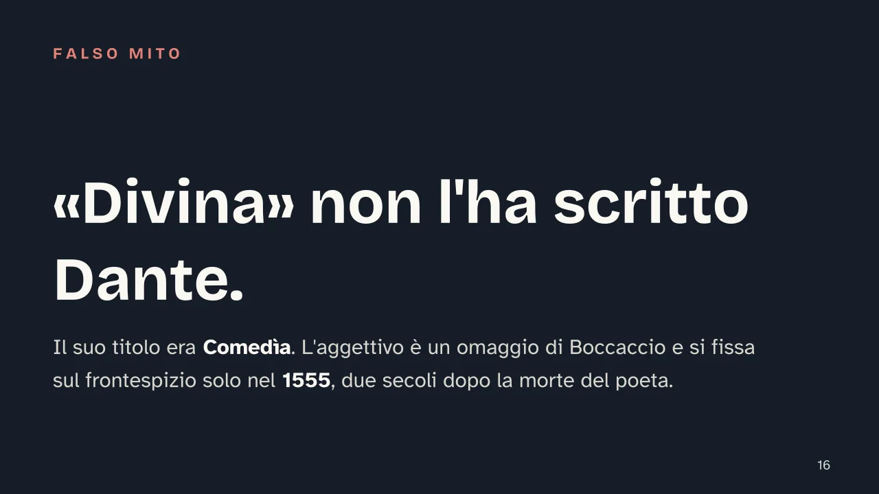 Slide 16 della presentazione su Dante e la Divina Commedia: «Divina» non l'ha scritto Dante.