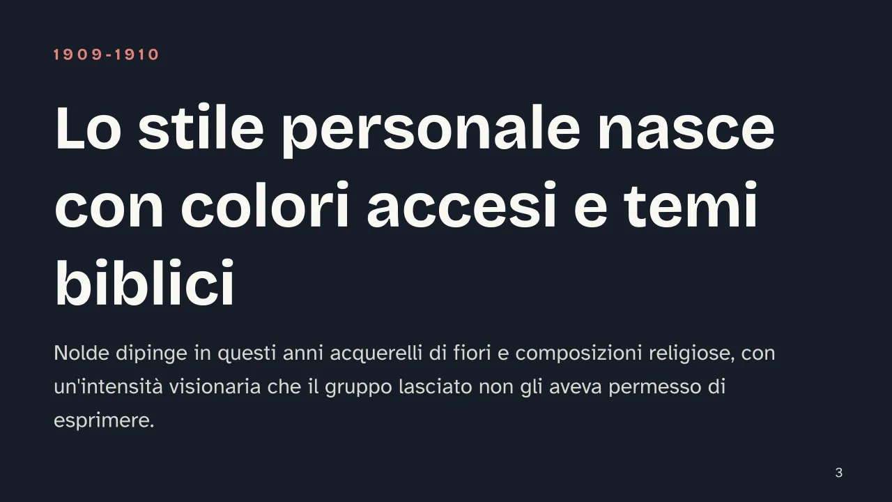 Slide 3 della presentazione su Emil Nolde: Lo stile personale nasce con colori accesi e temi biblici
