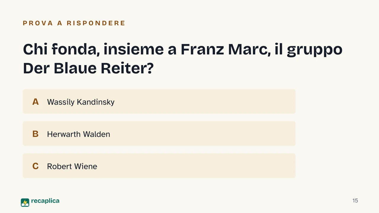 Slide 15 della presentazione su Espressionismo tedesco: Chi fonda, insieme a Franz Marc, il gruppo Der Blaue Reiter?