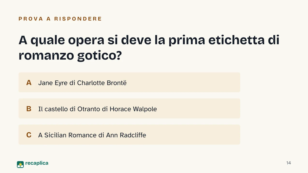 Slide 14 della presentazione su Dark romance: A quale opera si deve la prima etichetta di romanzo gotico?