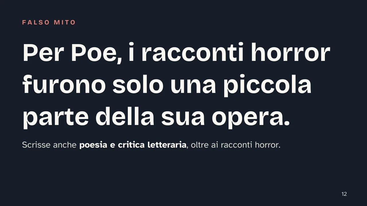 Slide 12 della presentazione su Genere horror: Per Poe, i racconti horror furono solo una piccola parte della sua opera.