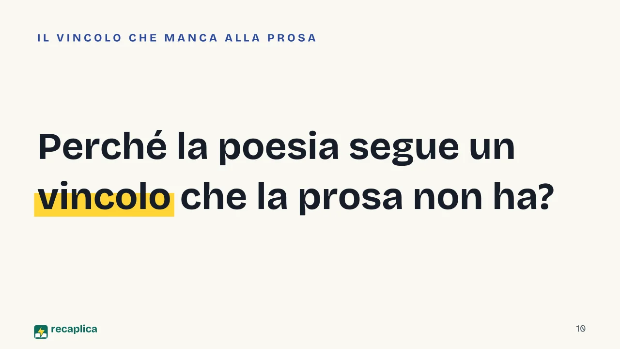 Slide 10 della presentazione su Generi letterari: Perché la poesia segue un vincolo che la prosa non ha?