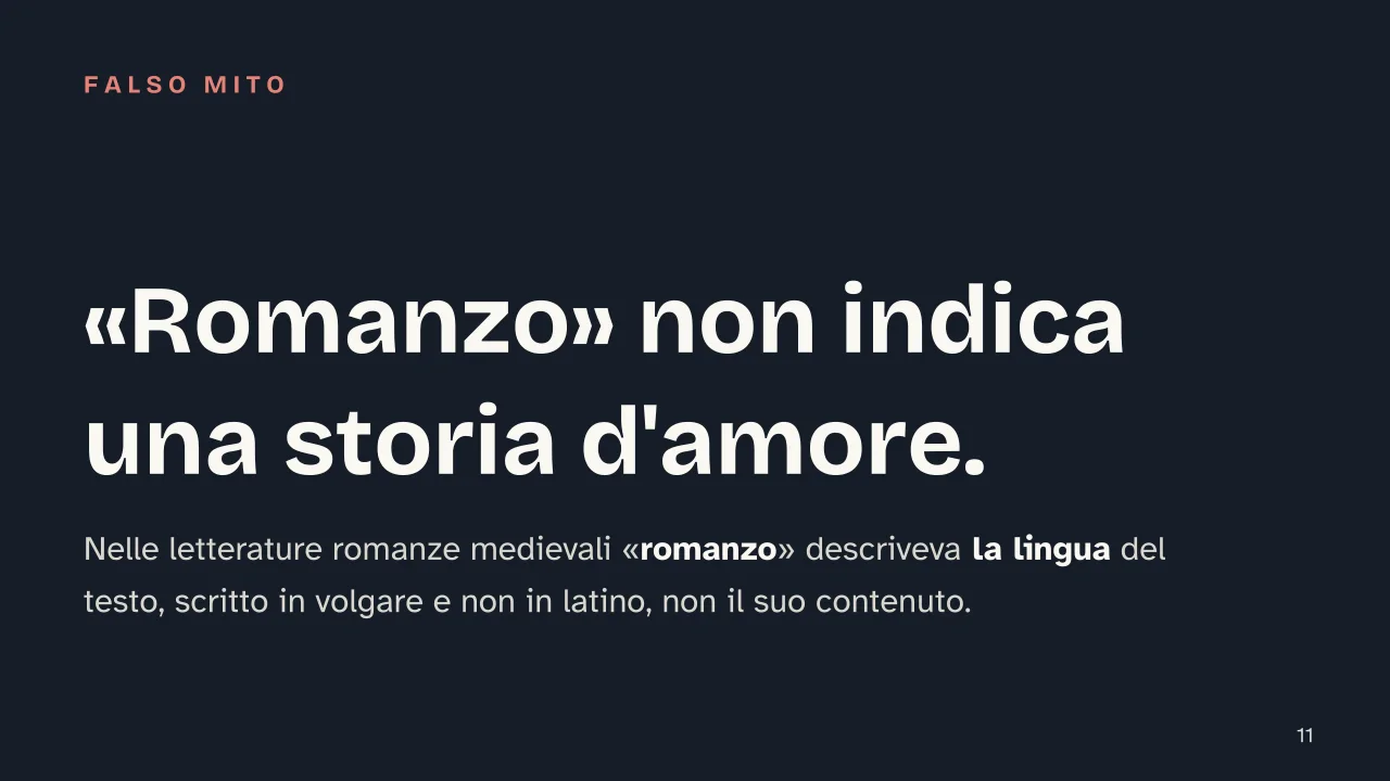 Slide 11 della presentazione su Generi letterari: «Romanzo» non indica una storia d'amore.