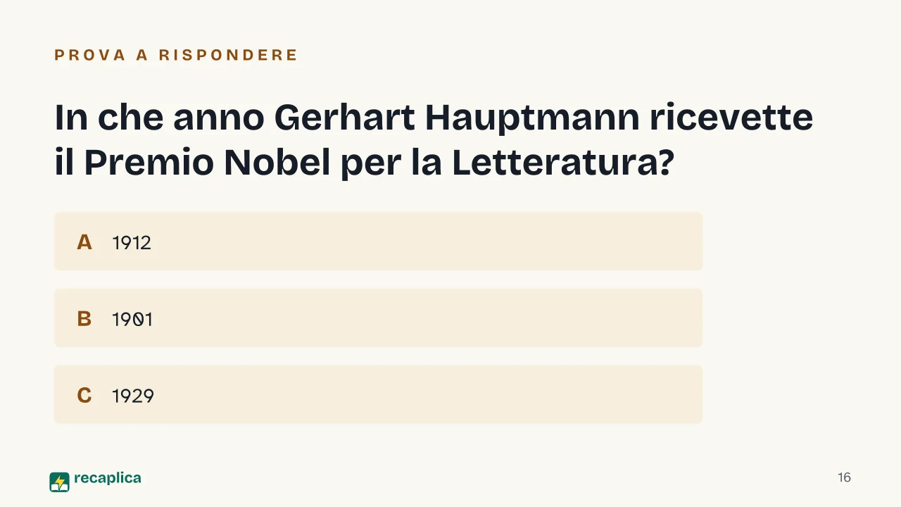 Slide 16 della presentazione su Gerhart Hauptmann: In che anno Gerhart Hauptmann ricevette il Premio Nobel per la Letteratura?