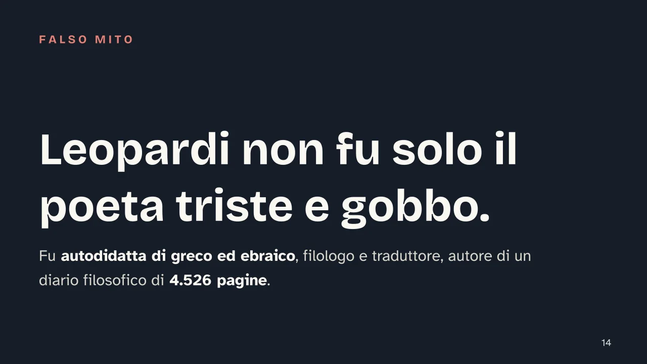 Slide 14 della presentazione su Giacomo Leopardi: Leopardi non fu solo il poeta triste e gobbo.
