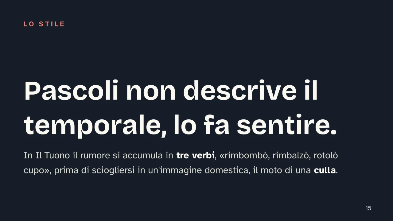 Slide 15 della presentazione su Giovanni Pascoli: Pascoli non descrive il temporale, lo fa sentire.