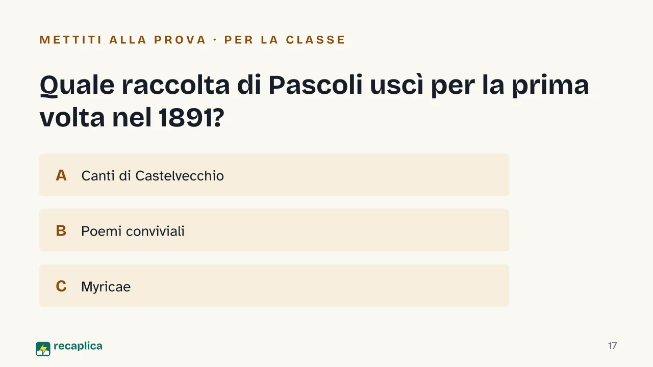 Slide 17 della presentazione su Giovanni Pascoli: Quale raccolta di Pascoli uscì per la prima volta nel 1891?