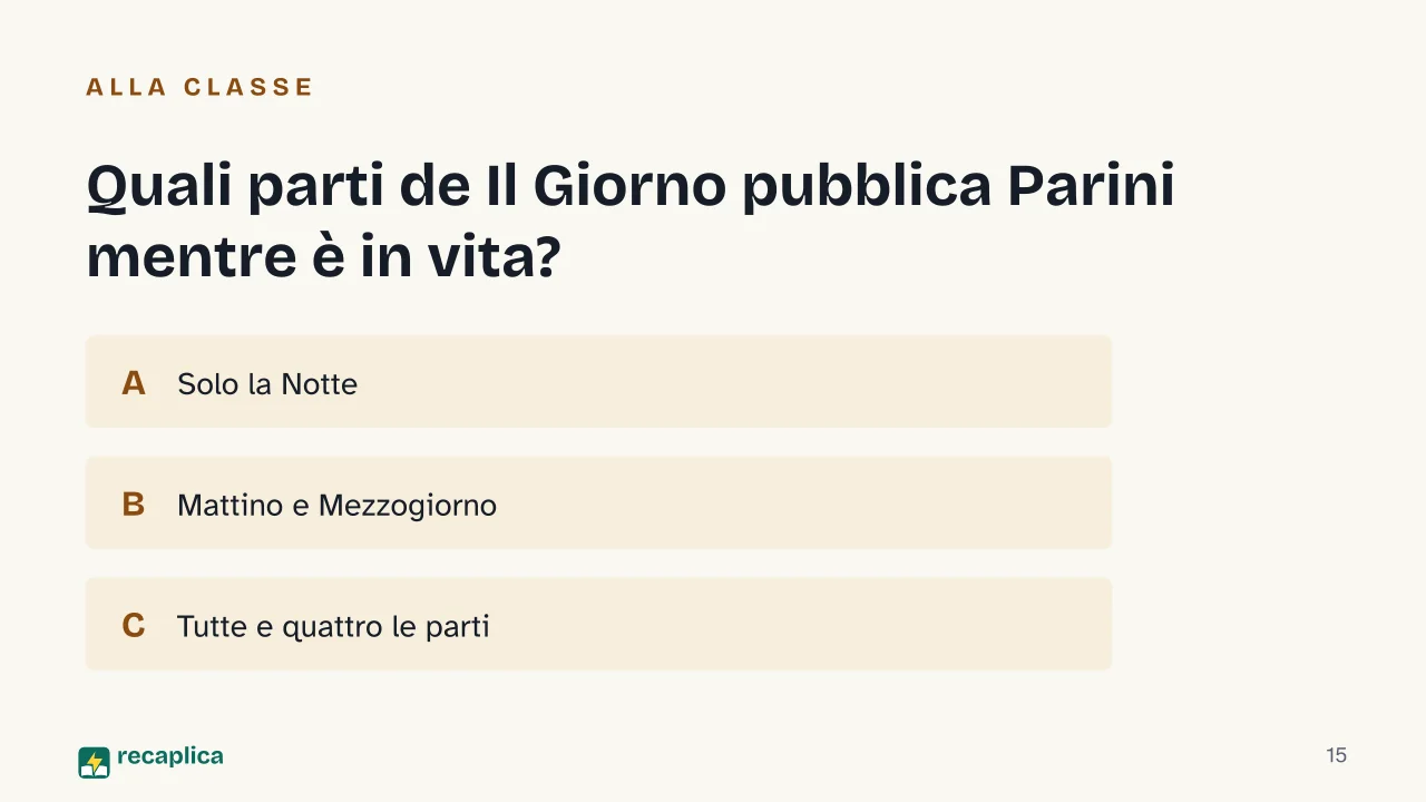 Slide 15 della presentazione su Giuseppe Parini: Quali parti de Il Giorno pubblica Parini mentre è in vita?