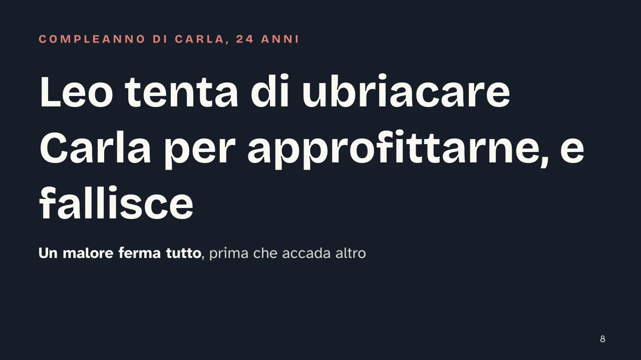 Slide 8 della presentazione su Gli Indifferenti di Alberto Moravia: Leo tenta di ubriacare Carla per approfittarne, e fallisce