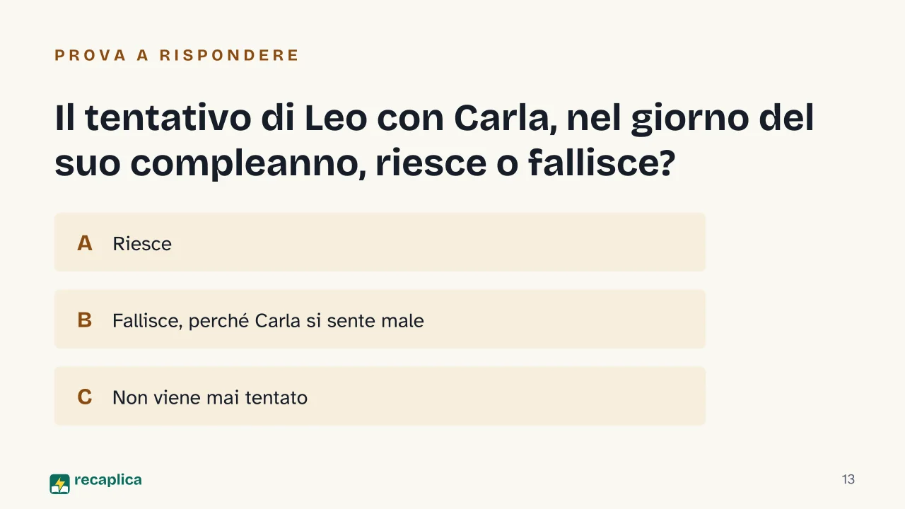 Slide 13 della presentazione su Gli Indifferenti di Alberto Moravia: Il tentativo di Leo con Carla, nel giorno del suo compleanno, riesce o fallisce?