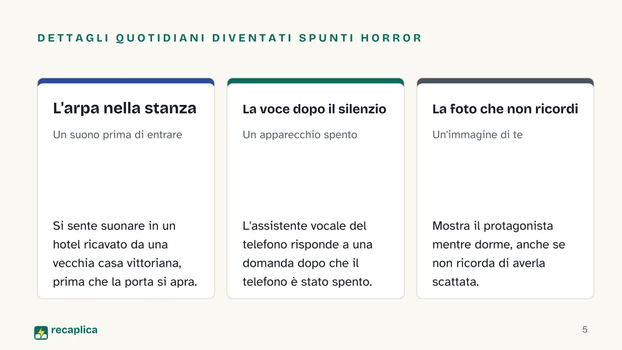 Slide 5 della presentazione su Idee per una storia horror: Dettagli quotidiani diventati spunti horror: L'arpa nella stanza, La voce dopo il silenzio, La foto che non ricordi