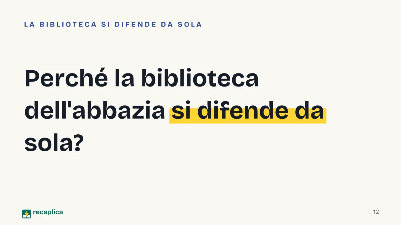 Slide 12 della presentazione su Il nome della rosa di Umberto Eco: Perché la biblioteca dell'abbazia si difende da sola?