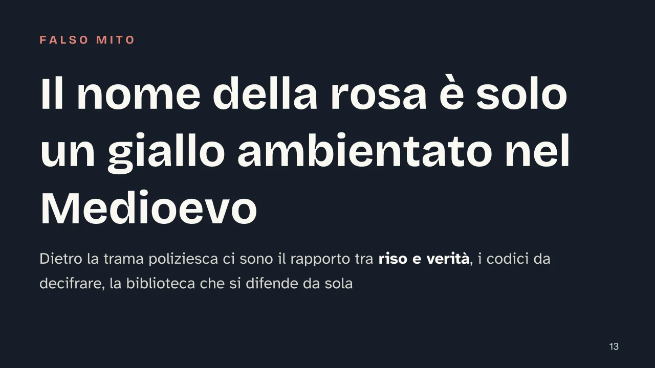 Slide 13 della presentazione su Il nome della rosa di Umberto Eco: Il nome della rosa è solo un giallo ambientato nel Medioevo