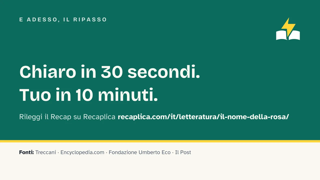 Slide 17 della presentazione su Il nome della rosa di Umberto Eco: E adesso, il ripasso