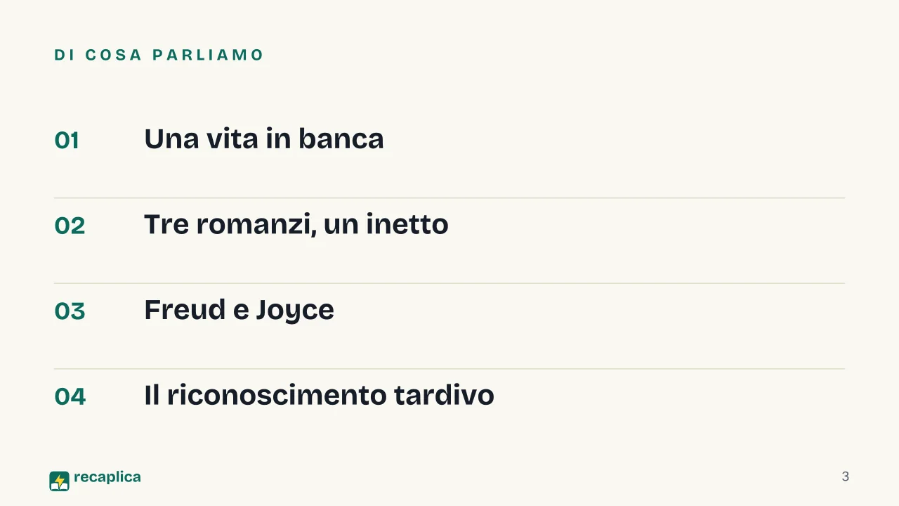 Slide 3 della presentazione su Italo Svevo: Di cosa parliamo