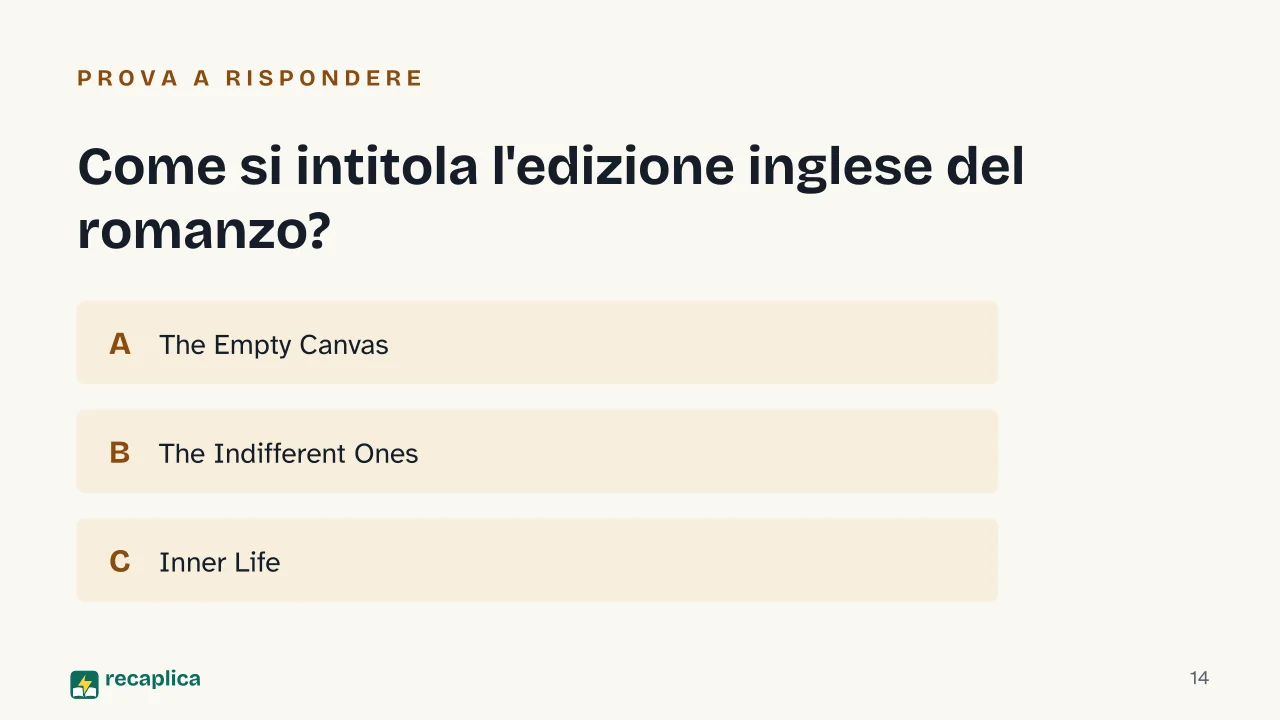 Slide 14 della presentazione su La Noia di Moravia: Come si intitola l'edizione inglese del romanzo?
