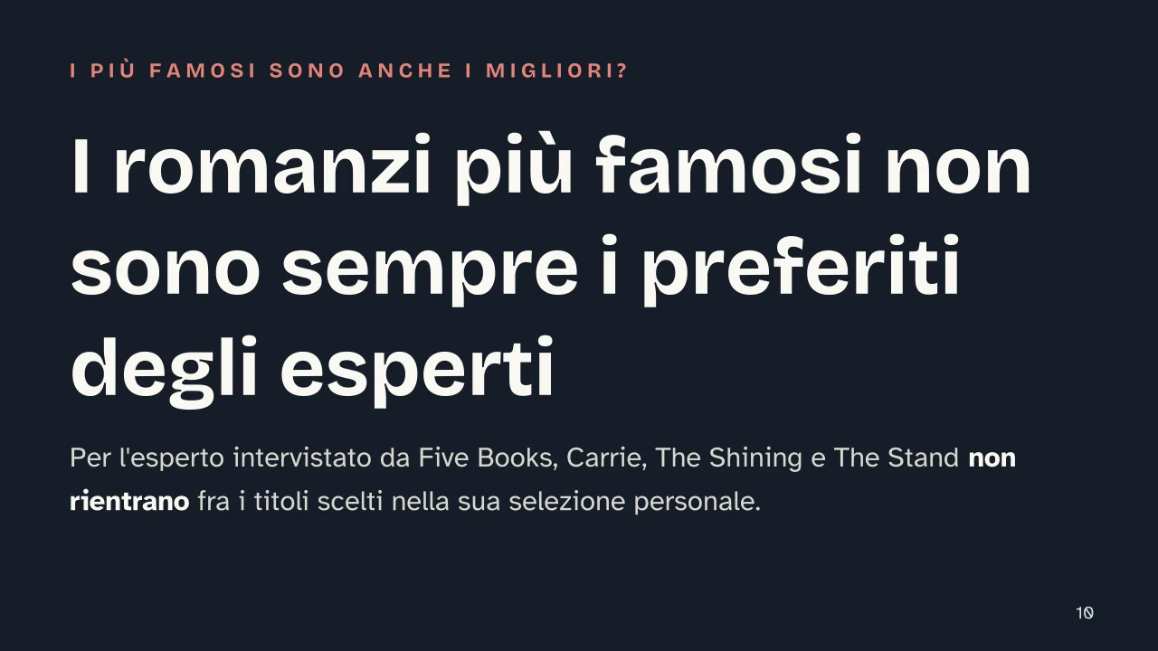 Slide 10 della presentazione su Libri di Stephen King: I romanzi più famosi non sono sempre i preferiti degli esperti