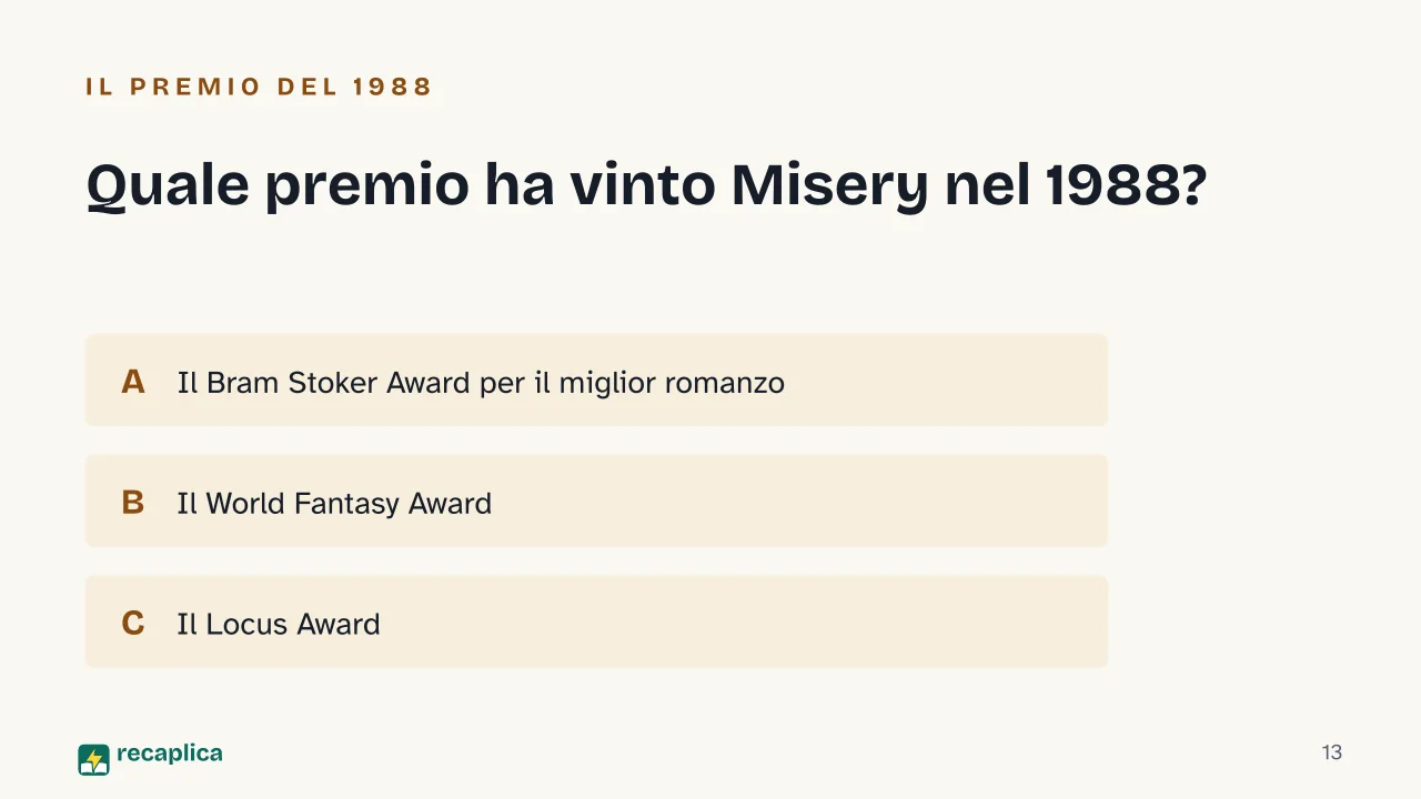 Slide 13 della presentazione su Libri di Stephen King: Quale premio ha vinto Misery nel 1988?