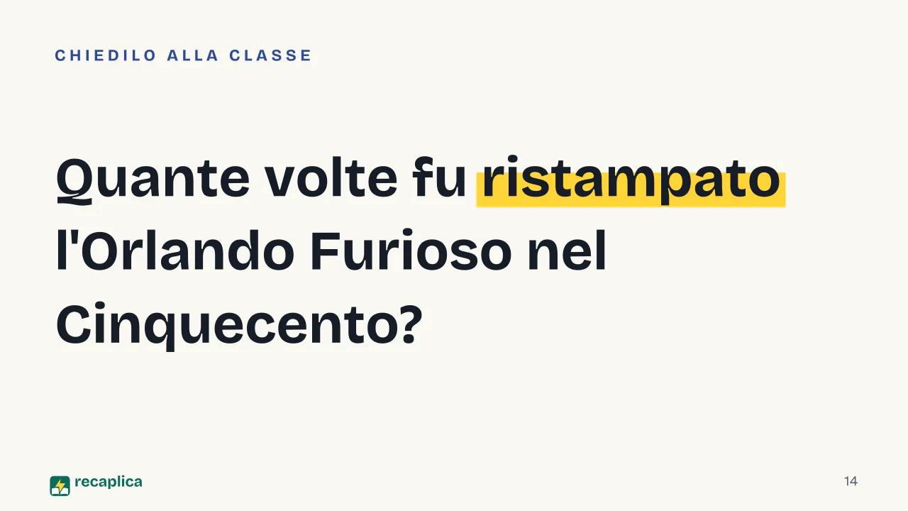 Slide 14 della presentazione su Orlando Furioso: Quante volte fu ristampato l'Orlando Furioso nel Cinquecento?